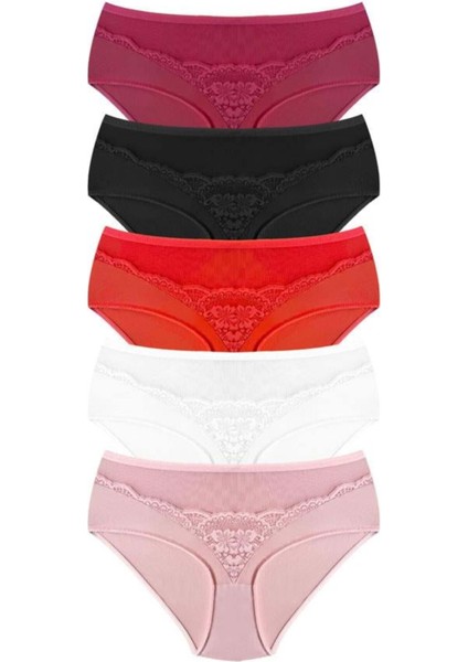 Transparan Tüllü Dantel Detaylı Beli Lastikli Büyük Beden Kadın Bikini Külot 5'li Paket