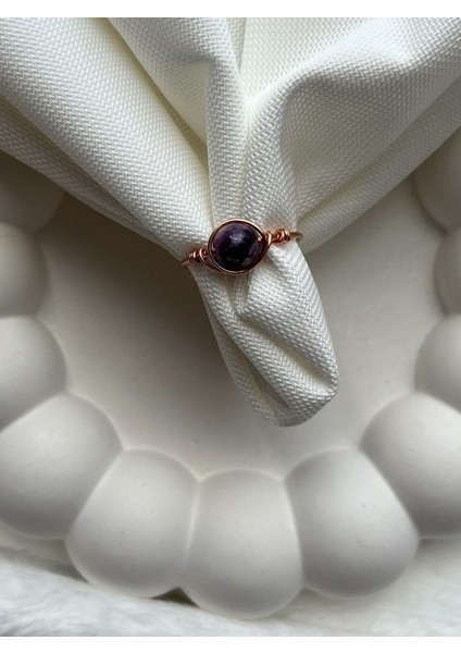 Lepidolit Taşı Ayarlanabilir Bakır Renk Tel Yüzük El Yapımı