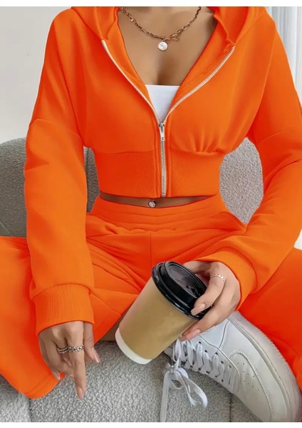 Özel Tasarım Kapüşonlu Tam Fermuarlı %100 Pamuk Kışlık Ispanyol Paça Crop Kadın Eşofman Takımı