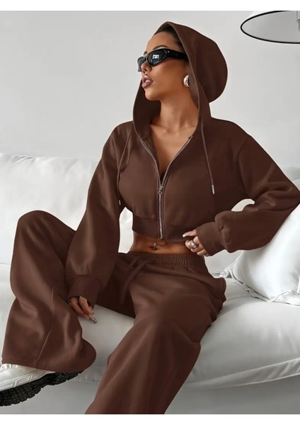 Özel Tasarım Kapüşonlu Tam Fermuarlı %100 Pamuk Kışlık Ispanyol Paça Crop Kadın Eşofman Takımı