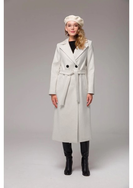 Tam Boy Kadın Kaşe Kaşmir Ekru Kaban