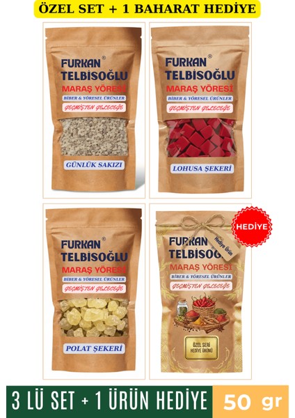 Nöbet Şekeri, Polat Şekeri 50GR + Kızamık Şekeri 50GR +Ak Günlük Sakızı 50GR + 1 Baharat Hediye