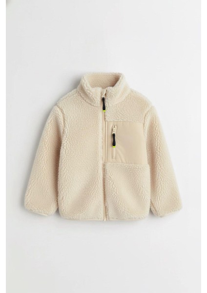 Unisex Çocuk Pamuklu Kahverengi Polar Mont – Fermuarlı Cepli Peluş Görünümlü