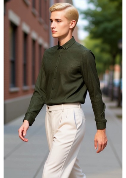 Erkek Slim Fit Düğmeli Yaka Flanel Dokuma Uzun Kollu Kışlık Gömlek Casual ve Smart Görünümler