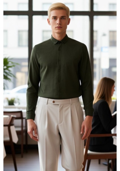 Erkek Slim Fit Düğmeli Yaka Flanel Dokuma Uzun Kollu Kışlık Gömlek Casual ve Smart Görünümler fiyatları