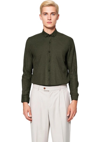 Erkek Slim Fit Düğmeli Yaka Flanel Dokuma Uzun Kollu Kışlık Gömlek Casual ve Smart Görünümler fırsatları