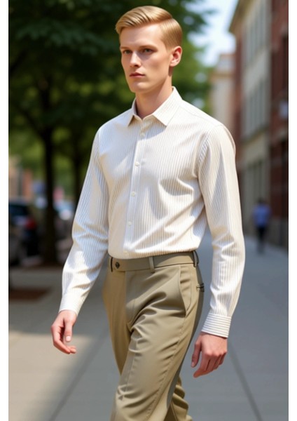 Erkek Regular Fit Keten Pamuk Karışımlı Uzun Kollu Çizgili Gömlek Zamansız Şıklık Kaliteli
