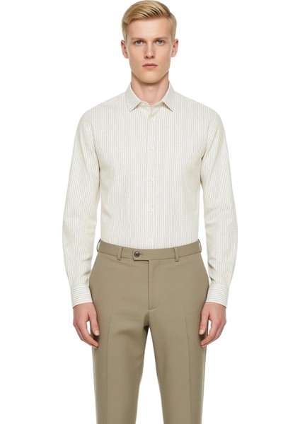 Erkek Regular Fit Keten Pamuk Karışımlı Uzun Kollu Çizgili Gömlek Zamansız Şıklık Kaliteli fırsatları