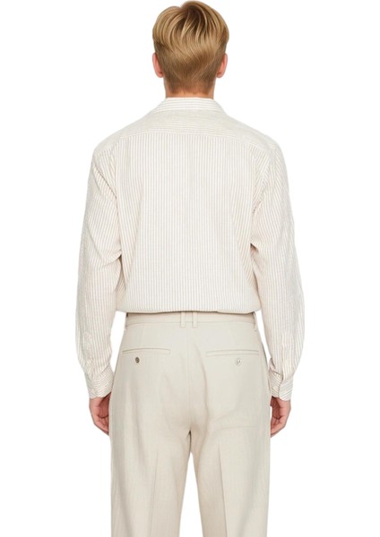 Erkek Regular Fit Keten Pamuk Karışımlı Uzun Kollu Çizgili Gömlek Zamansız Şıklık Kaliteli indirimleri