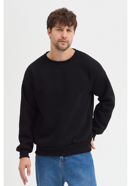 Siyah Bisiklet Yaka Erkek Oversize Sweatshirt Pamuklu Basic 3 Iplik Şardonlu