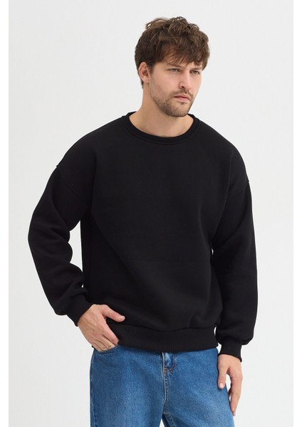 Siyah Bisiklet Yaka Erkek Oversize Sweatshirt Pamuklu Basic 3 Iplik Şardonlu fiyatları