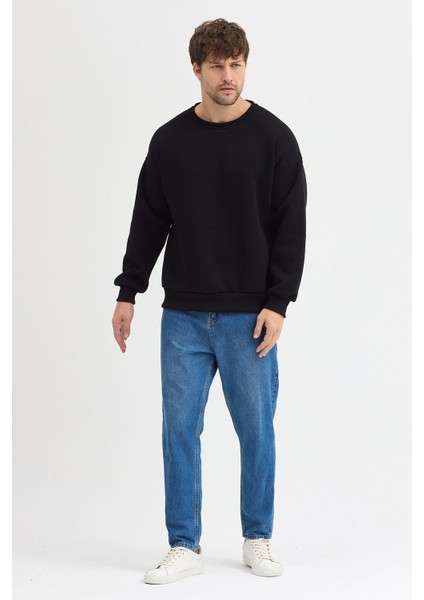 Siyah Bisiklet Yaka Erkek Oversize Sweatshirt Pamuklu Basic 3 Iplik Şardonlu modelleri