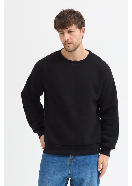 Siyah Bisiklet Yaka Erkek Oversize Sweatshirt Pamuklu Basic 3 Iplik Şardonlu fırsatları