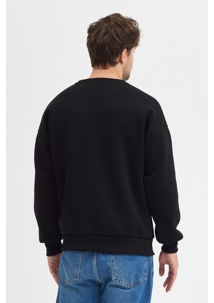 Siyah Bisiklet Yaka Erkek Oversize Sweatshirt Pamuklu Basic 3 Iplik Şardonlu indirimleri