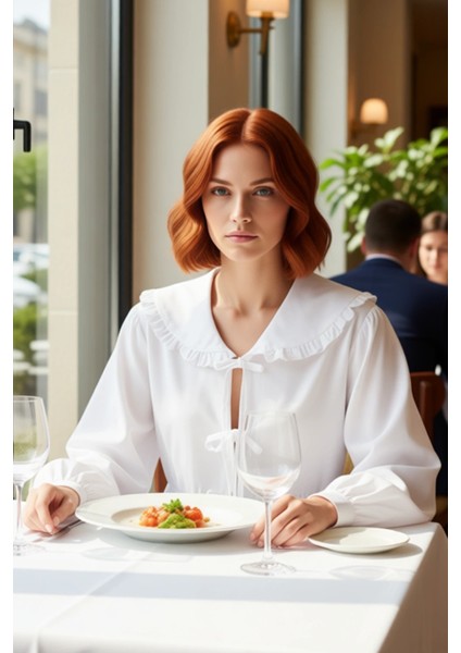 Kadın Bebe Yaka Fırfır Detaylı Bağlamalı Dokuma Gömlek Şık ve Konforlu Günlük Stil Estetik modelleri