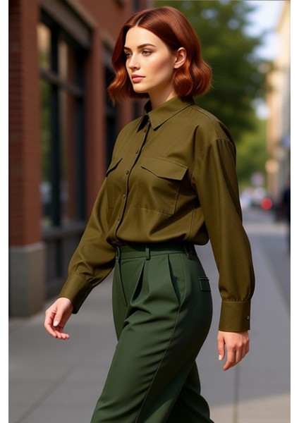 Kadın Büyük Beden Oversize Poplin Dokuma Uzun Kollu Çift Cepli Etek Yırtmaçlı Gömlek Rahat