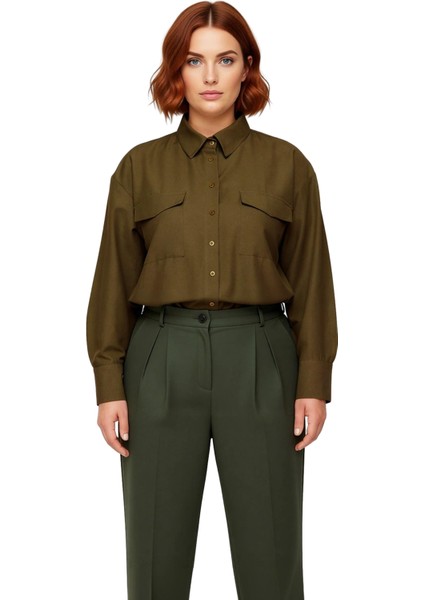 Kadın Büyük Beden Oversize Poplin Dokuma Uzun Kollu Çift Cepli Etek Yırtmaçlı Gömlek Rahat fırsatları