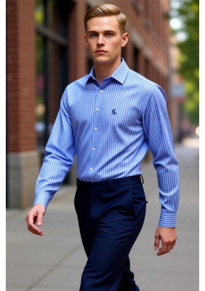 Erkek Çizgili Dokuma Kumaş Uzun Kollu Gömlek Modern Kesim Yumuşak Dokusuyla Iş ve Sosyal Ortamlar