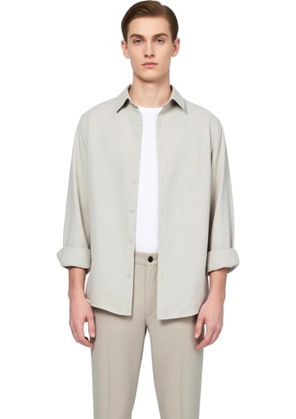 Erkek Oversize Fit Dokuma Keten Görünümlü Gömlek Yaka Uzun Kollu Gömlek Gündelik Şıklık Şık fırsatları