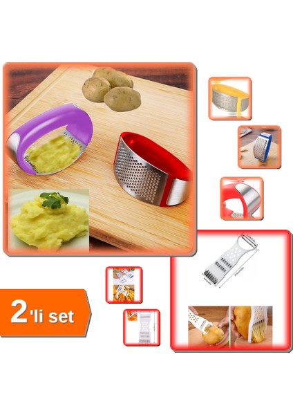 Paslanmaz Çelik Patates Püresi Aleti + 5 Fonksiyonlu Sebze Meyve Soyucu - 2li Set D7E8F9