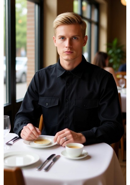 Erkek Uzun Kollu Kaşe Dokulu Ceket Gömlek Regular Kesim Çift Cepli Kışlık Konfor Dayanıklı