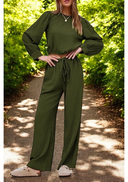 Yazlık Yüksek Bel Balon Kol Rahat Keten Takım