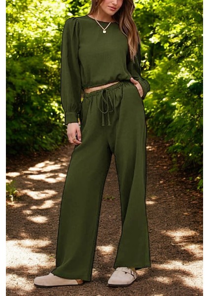 Yazlık Yüksek Bel Balon Kol Rahat Keten Takım