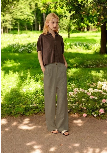 Yazlık Düğmeli Tasarım Kadın Keten Pantolon modelleri