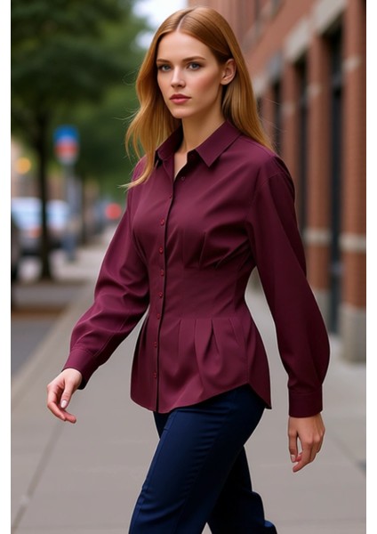 Kadın Bele Oturan Düz Renk Uzun Kollu Gömlek Şık Görünümünüzü Tamamlar Her Ortamda Estetik