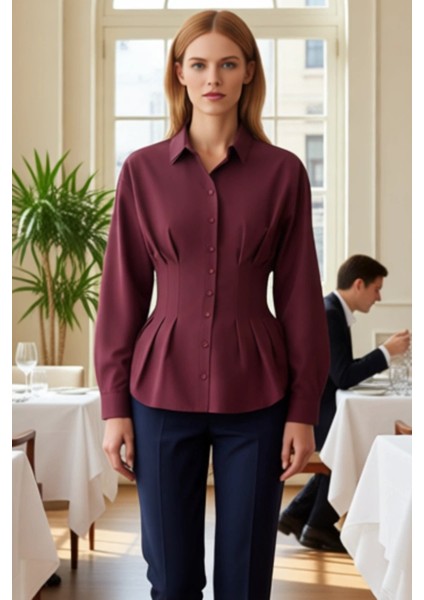 Kadın Bele Oturan Düz Renk Uzun Kollu Gömlek Şık Görünümünüzü Tamamlar Her Ortamda Estetik fiyatları