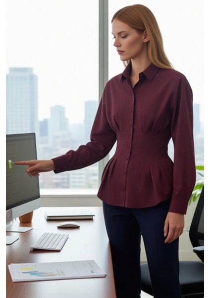 Kadın Bele Oturan Düz Renk Uzun Kollu Gömlek Şık Görünümünüzü Tamamlar Her Ortamda Estetik modelleri