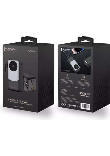 🔋 Venandin Opulix PWB40A1 40.000 Mah LED Göstergeli 22.5W Hızlı Kendinden Kablolu Powerbank | Taşınabilir Yüksek Kapasiteli Şarj Cihazı