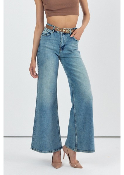 Geniş Paça Baggy Kadın Jean Pantolon - Mavi Mavi - 30