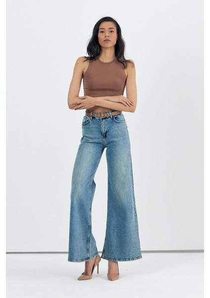 Geniş Paça Baggy Kadın Jean Pantolon - Mavi Mavi - 30