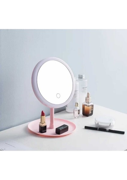 Beyaz Dokunmatik LED Işıklı USB Li Yuvarlak Masa Üstü Makyaj Aynası
