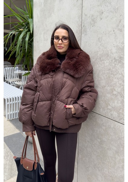 Alenelle Yakası Kürklü Bomber Mont- Kahverengi