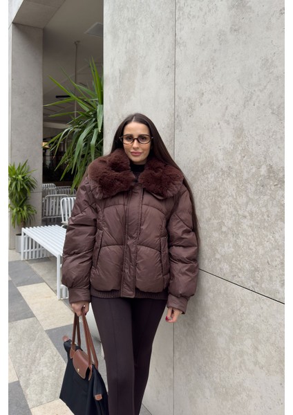 Alenelle Yakası Kürklü Bomber Mont- Kahverengi fırsatları