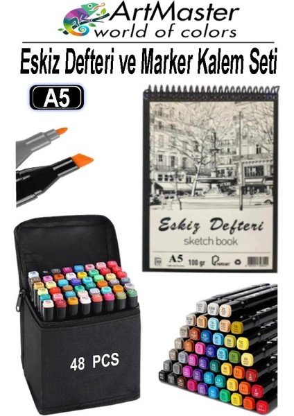 A5 Eskiz Defteri 50 Yaprak 100 gr 1 Adet 48 Renk Marker Kalem Çift Taraflı Touch Çift Uçlu Eskiz Defteri Boya Seti