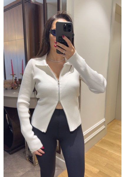 Polo Yaka Triko Fermuarlı Hırka- Ekru