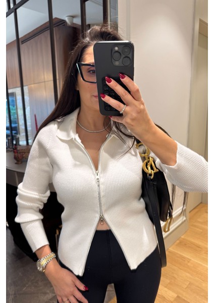 Polo Yaka Triko Fermuarlı Hırka- Ekru fiyatları