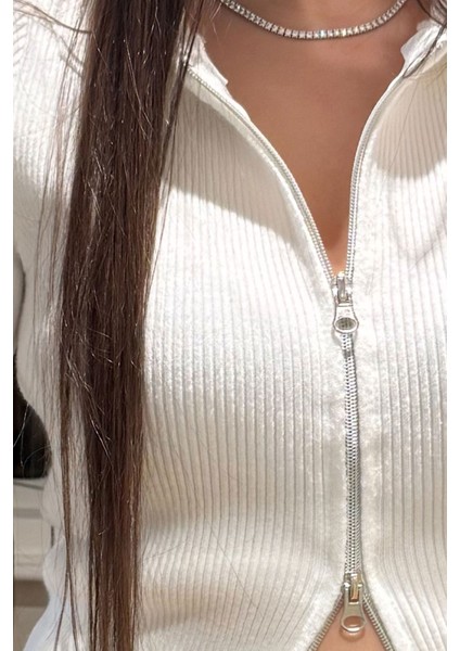 Polo Yaka Triko Fermuarlı Hırka- Ekru modelleri