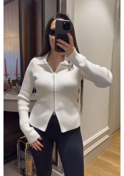 Polo Yaka Triko Fermuarlı Hırka- Ekru fırsatları