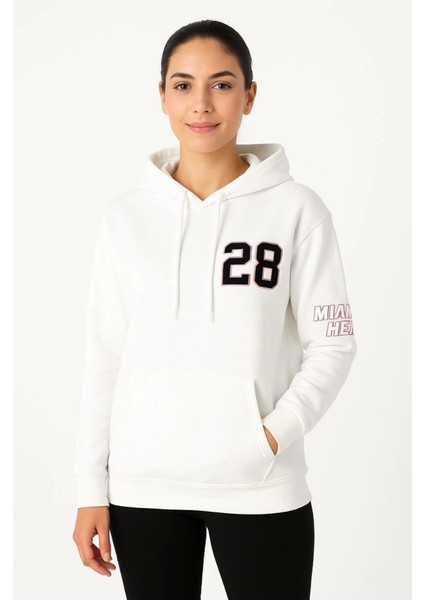 Üç Iplik Kapüşonlu Ön ve Arka Baskılı Sweatshirt Hoodie - Beyaz