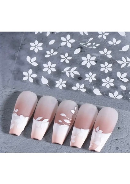Beyaz Çiçek Tırnak Süsleme Stickerı Nail Art Süslemeleri modelleri