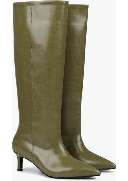 Kadın Blaze Yağ Yeşili Cilt Kısa Sivri Topuklu Çizme