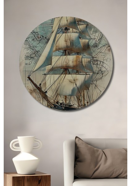 Denizci Ahşap Dekoratif Tablo Sulu Boya Görünümlü Klasik Sanat Eseri Yuvarlak Tablo