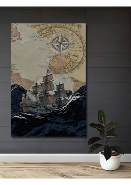 Korsan Gemisi Pusula Desenli Ahşap Dekoratif Tablo Dikdörtgen Tablo