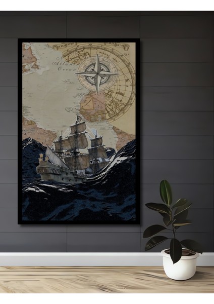 Korsan Gemisi Pusula Desenli Ahşap Dekoratif Tablo Dikdörtgen Tablo fiyatları