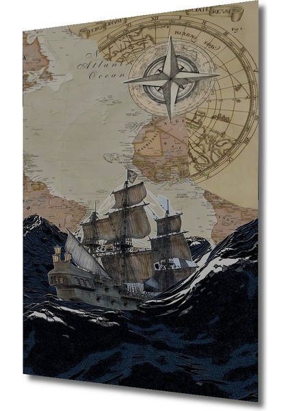 Korsan Gemisi Pusula Desenli Ahşap Dekoratif Tablo Dikdörtgen Tablo modelleri