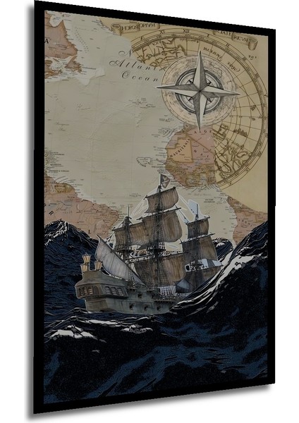 Korsan Gemisi Pusula Desenli Ahşap Dekoratif Tablo Dikdörtgen Tablo